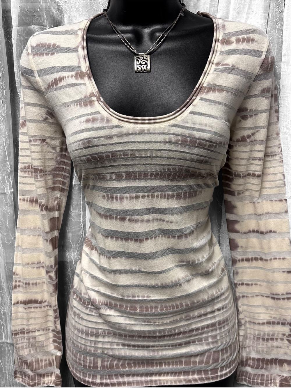 Calvin Klein Scoop Neck Long Sleeve Striped Top - Cream & Taupe